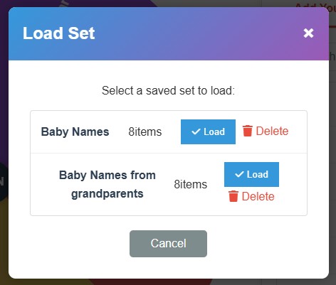 Load the input set, In this example the baby names are loaded - Spin In Wheel